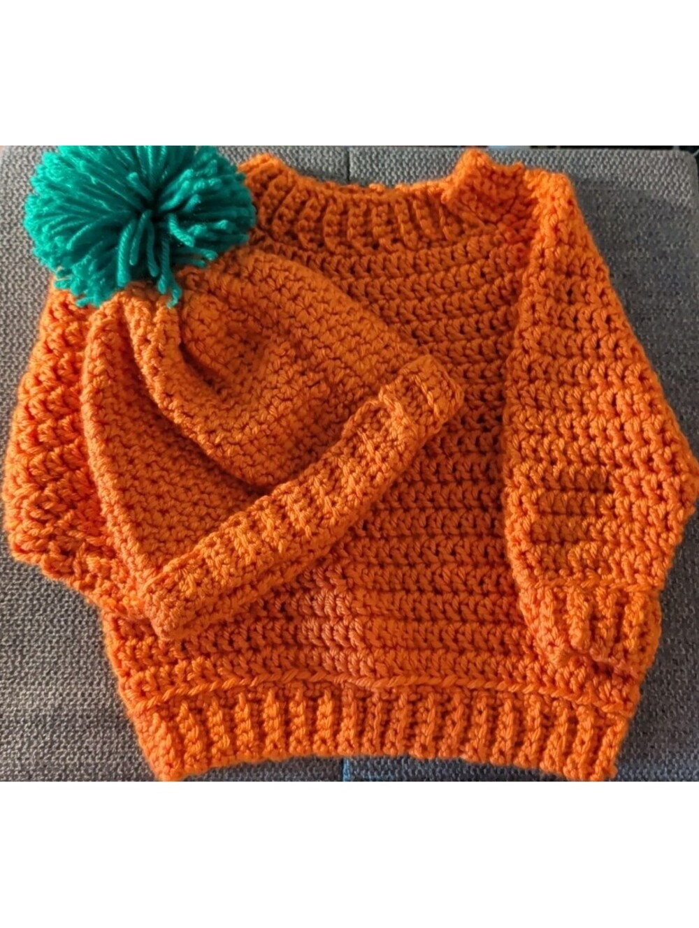Handmade Crochet Baby Fall Themed Orange Sweater&Hat W/Pom-pom 3-6mos